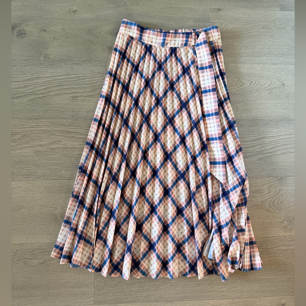 Topshop Pink & Navy Plaid Pleated Midi Skirt